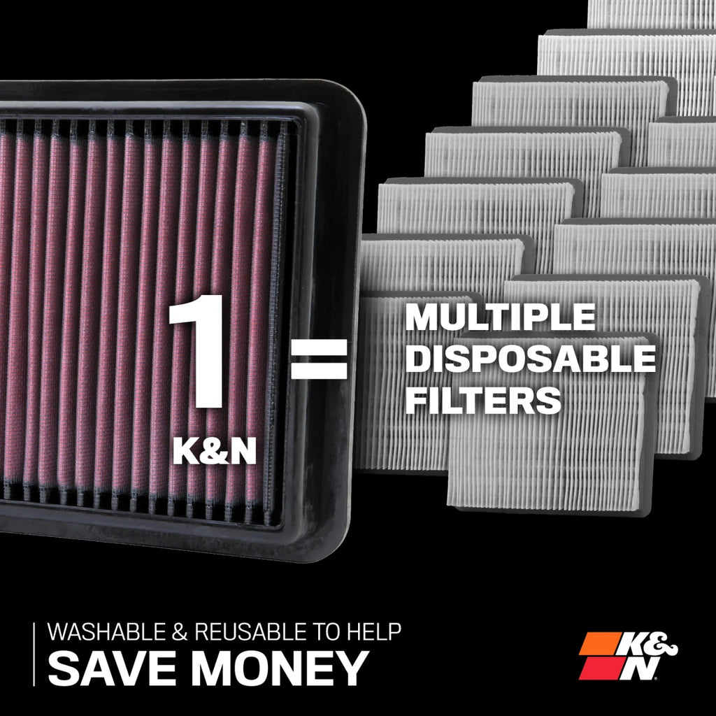 K&N 33-2722 air filter with epoxy-coated aluminium mesh and moulded urethane frame