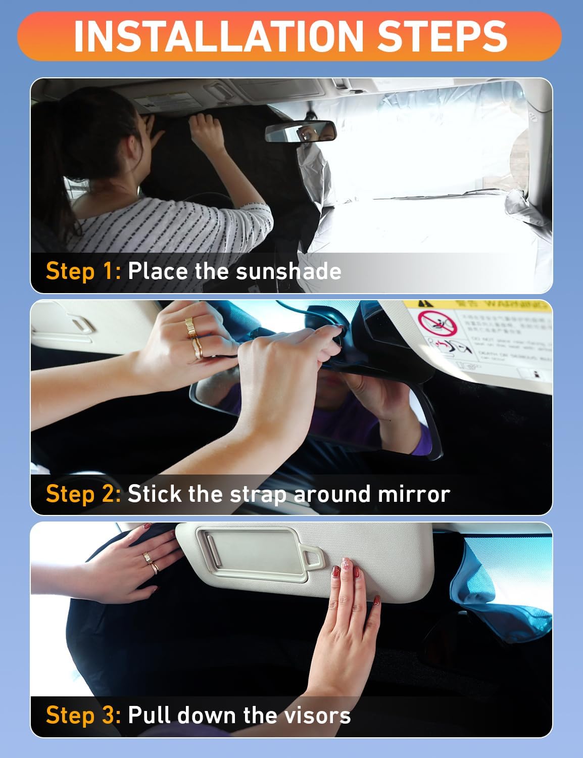 Step by step installation of Porsche Macan windshield sunshade showing place, strap around mirror, and pull down visors