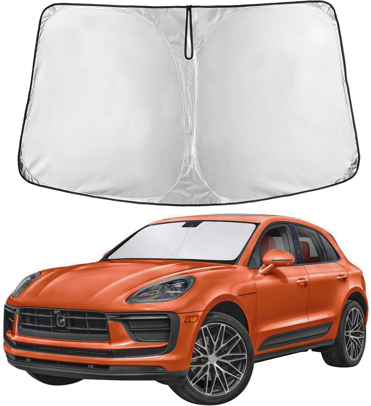 Porsche Macan 2014-2026 custom fit windshield sunshade installed on orange Macan